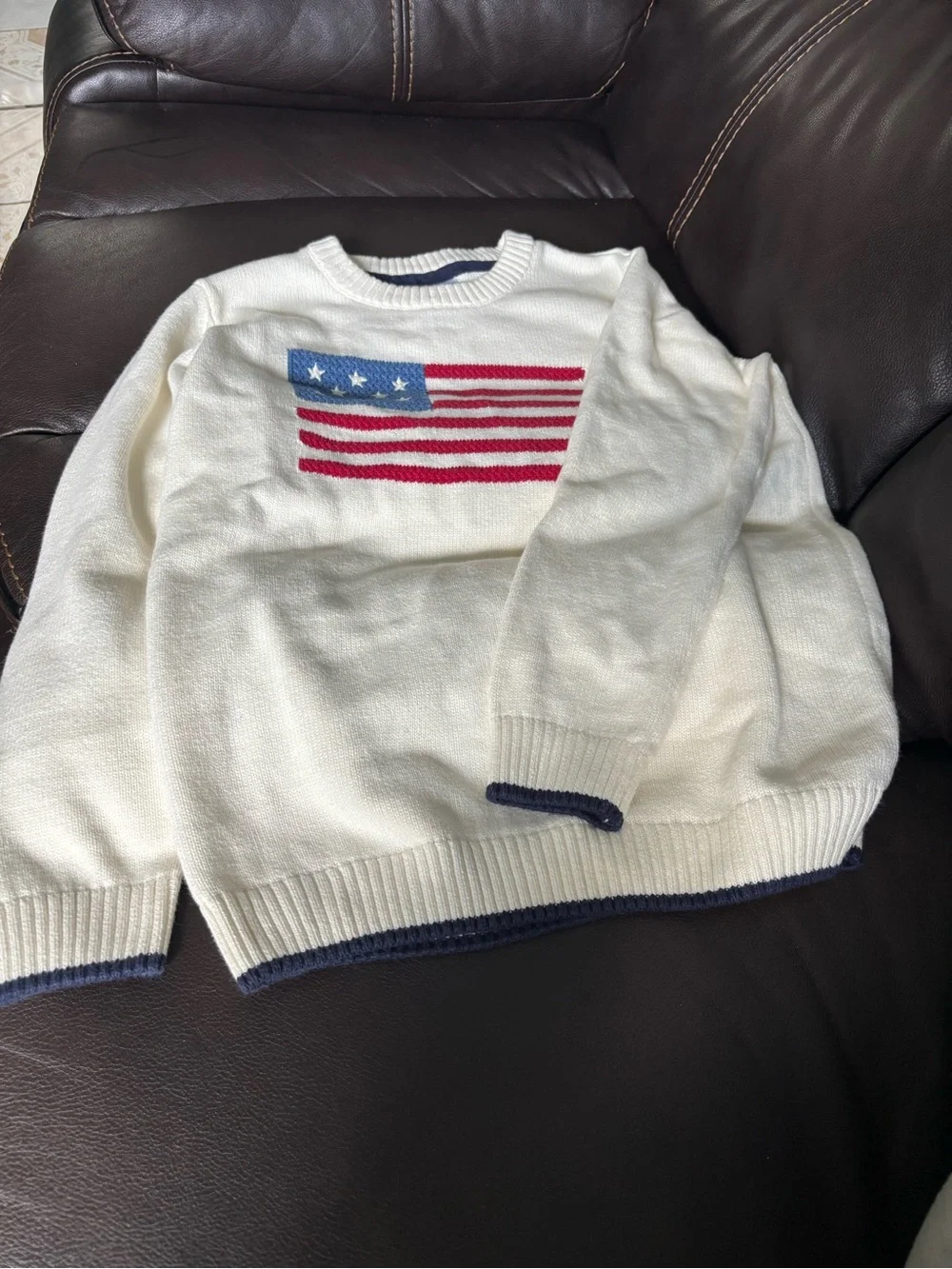 Gymboree Cream Crewneck Sweater with Red & Blue Flag Motif